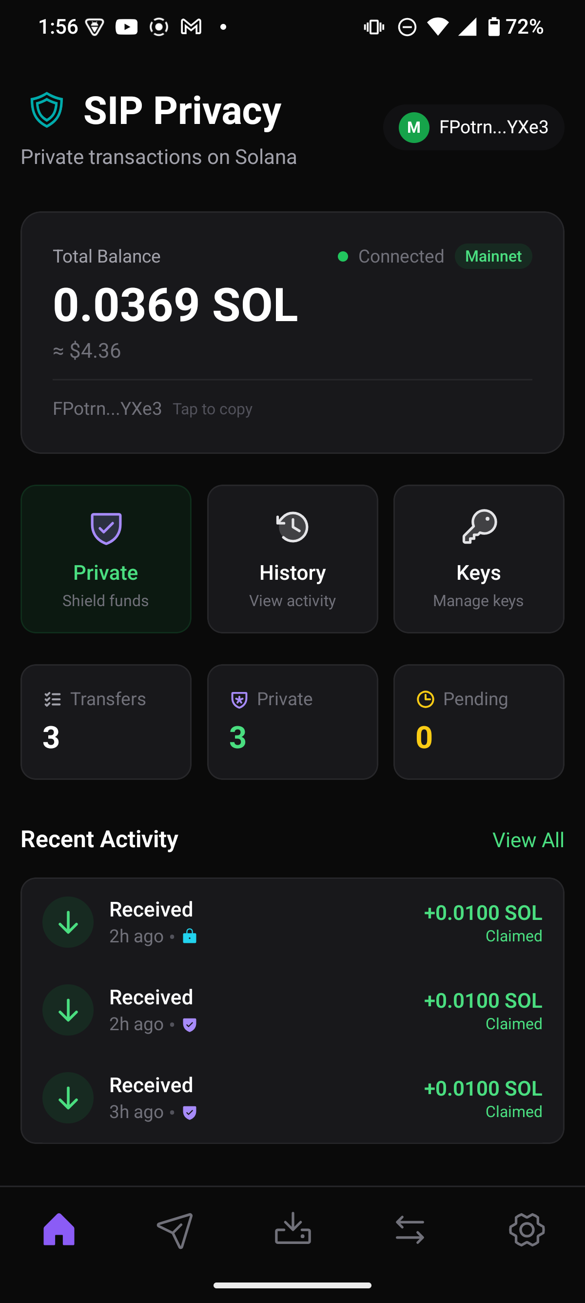 SIP Privacy Mobile Wallet on Seeker
